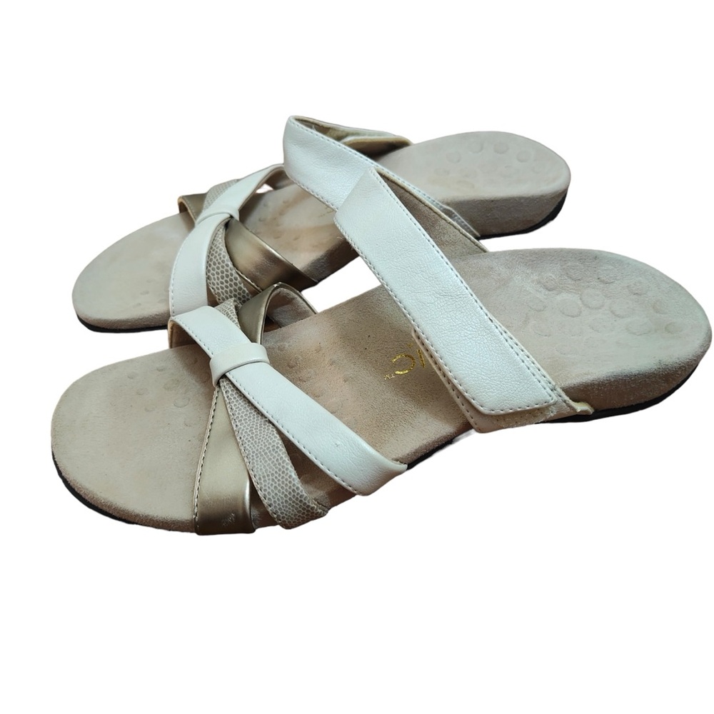 Vionic Women’s 8 Zara Tan White Strappy Sandals with Orthaheel Technology